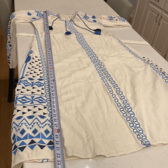 The Pearl Pagoda 100% Linen White Embroidered Long Sleeve Grecian Maxi Dress M - Picture 10 of 14